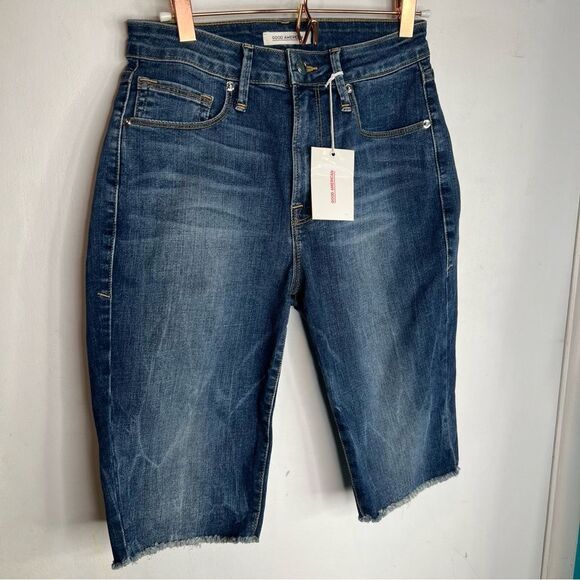 Good American High Waist Denim Bermuda Shorts Raw Hem 2/26 - Picture 1 of 7